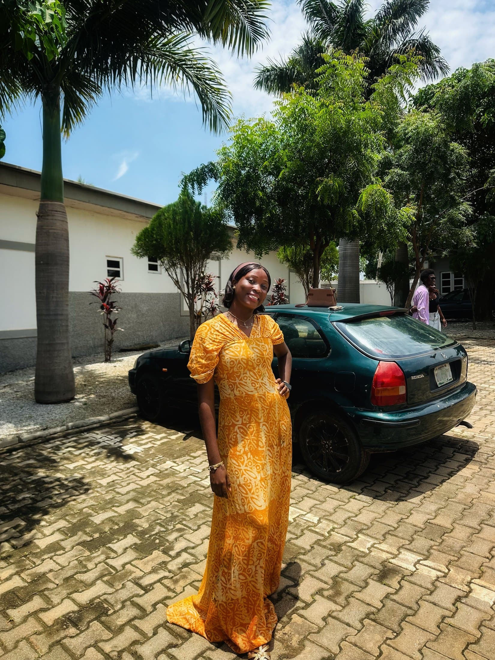 Orange printed gown, full length